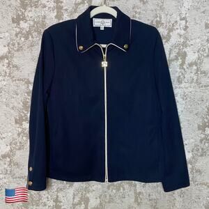 St John Sportswear Zip Up Piping Detail Blouson Jacket in Navy/White